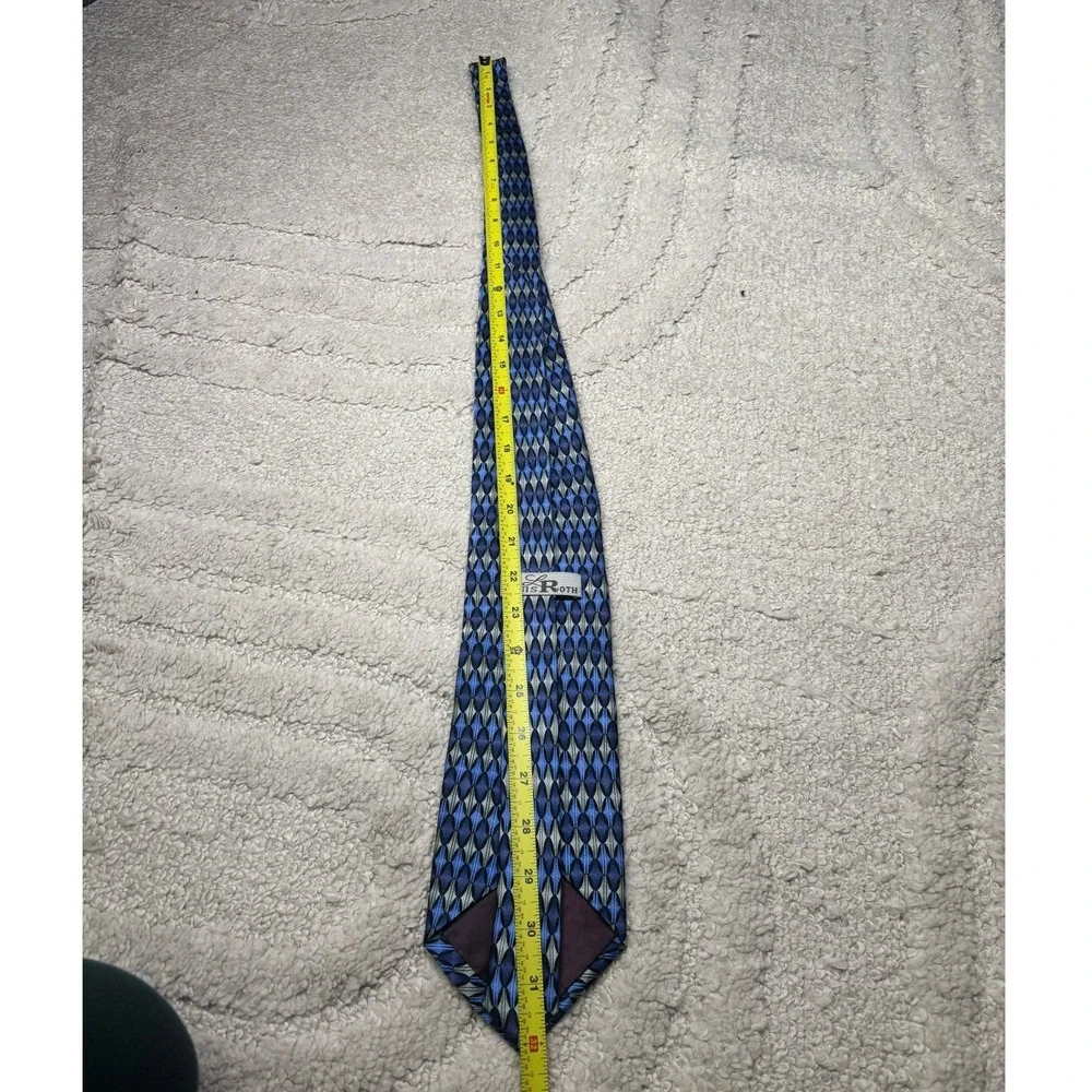 Louis Roth Silk Tie Mens OS Blue Silver‎ Geometric Diamond Hand Made Vintage